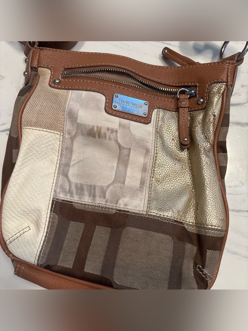Nine West Patchwork Crossbody Bag in Brown and Gold